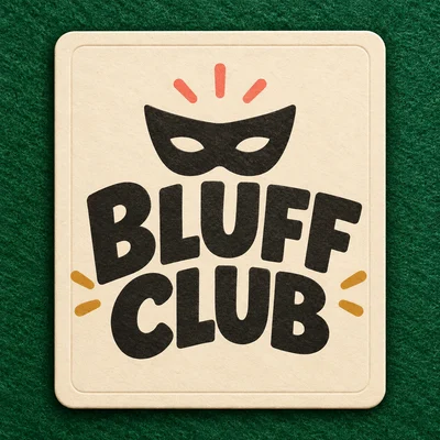 The Bluff Club app icon: an ink mask over the wordmark on a cream secret card