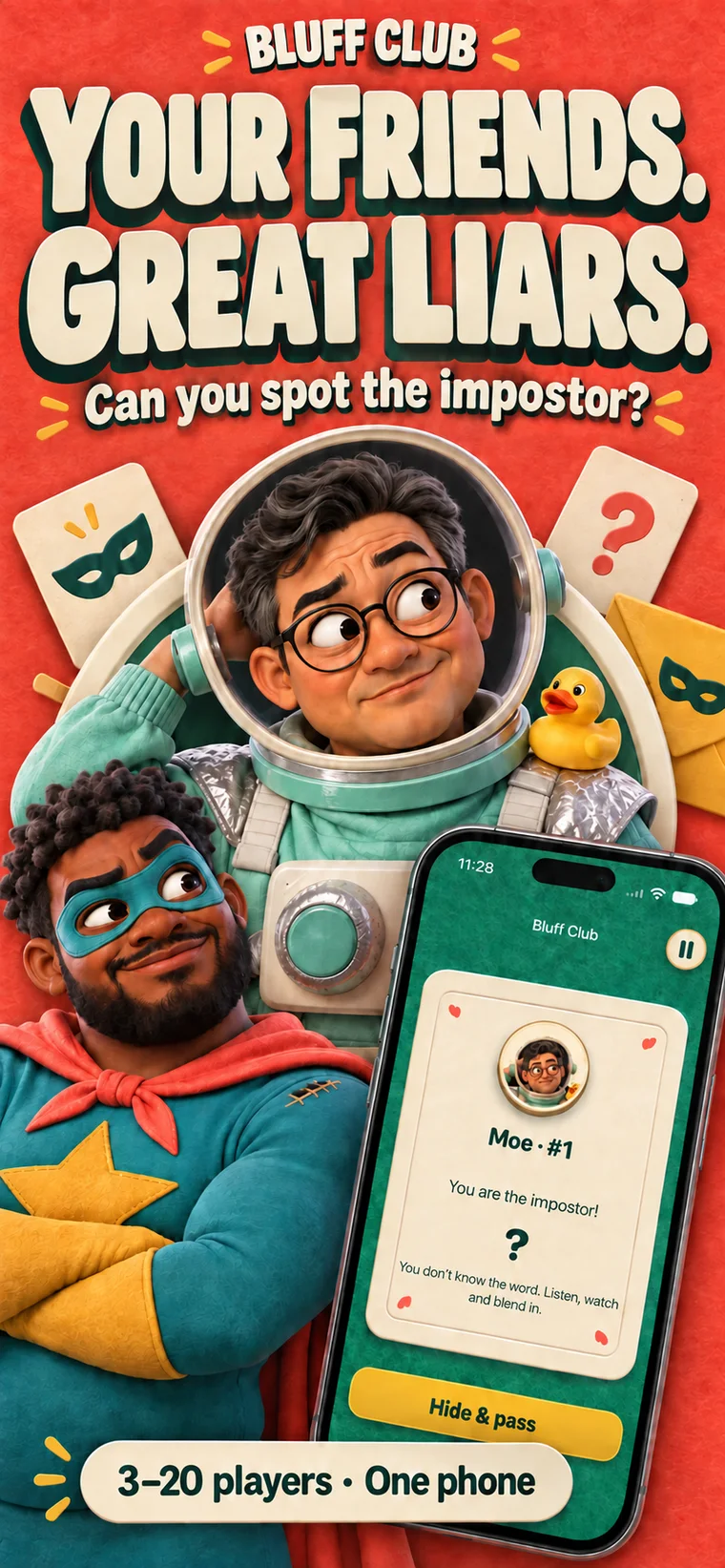 Screenshot titled Your friends. Great liars. A player reads their impostor card on the phone.