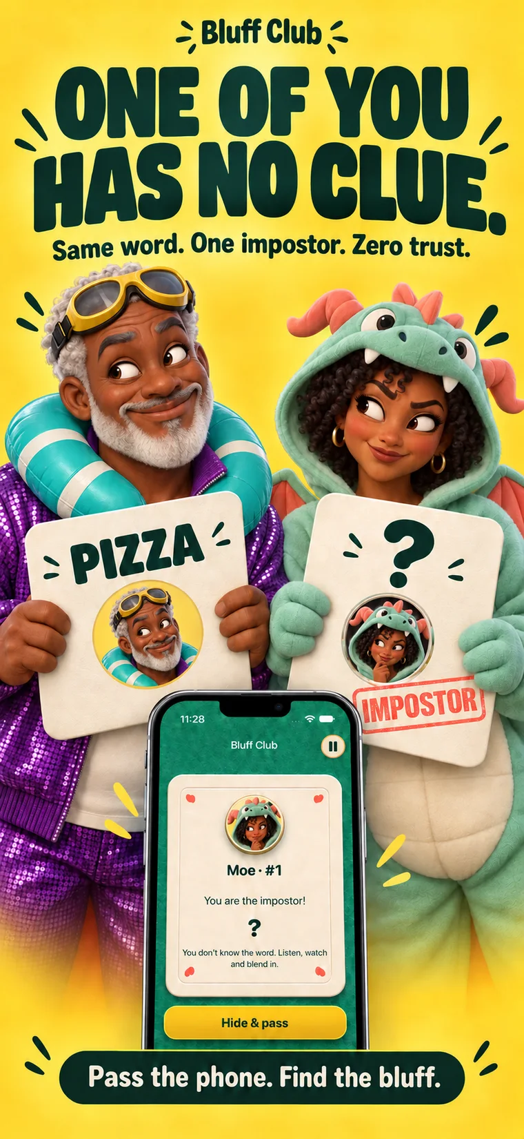 Screenshot titled One of you has no clue. Two players hold cards: one says PIZZA, the other a question mark stamped IMPOSTOR.