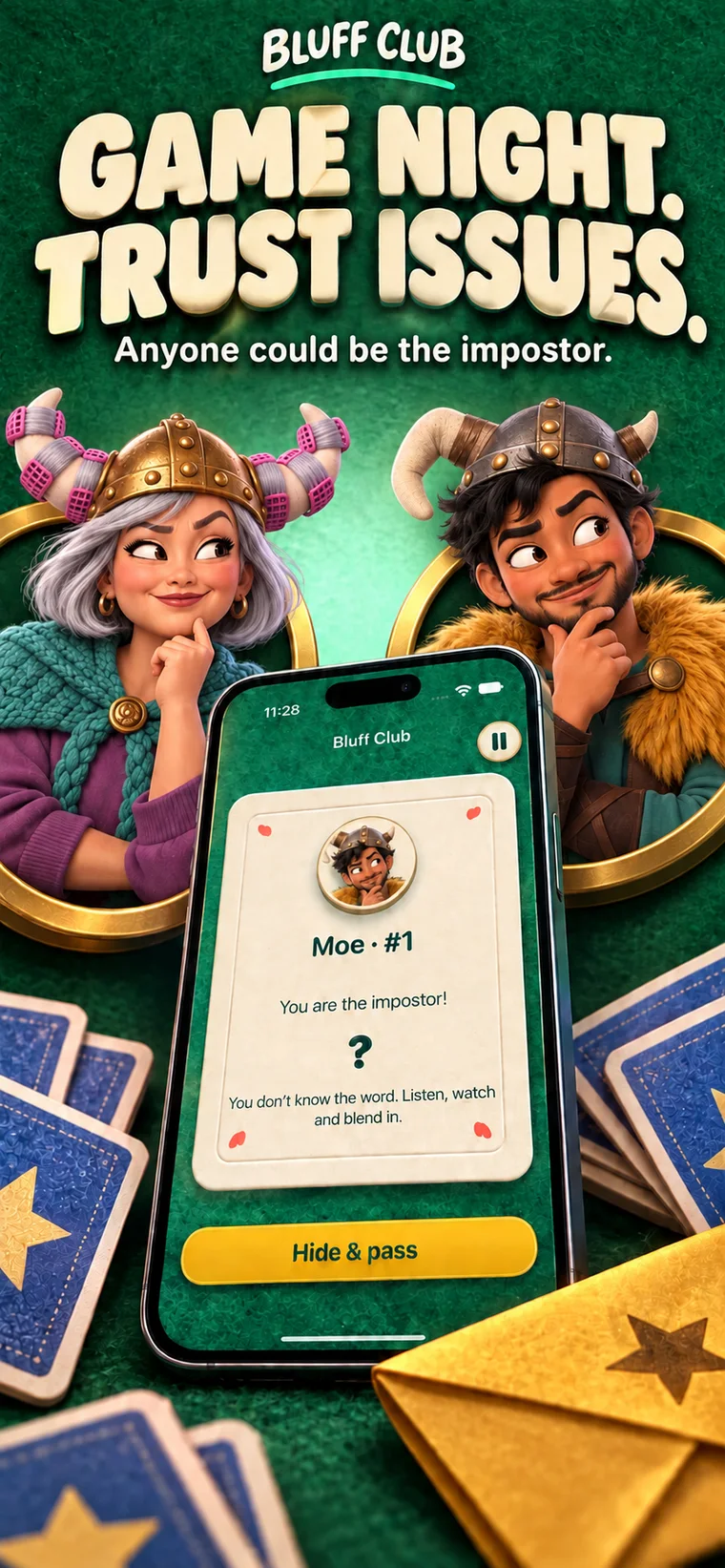 Screenshot titled Game night. Trust issues. The phone on a felt table shows a hidden role card ready to pass.